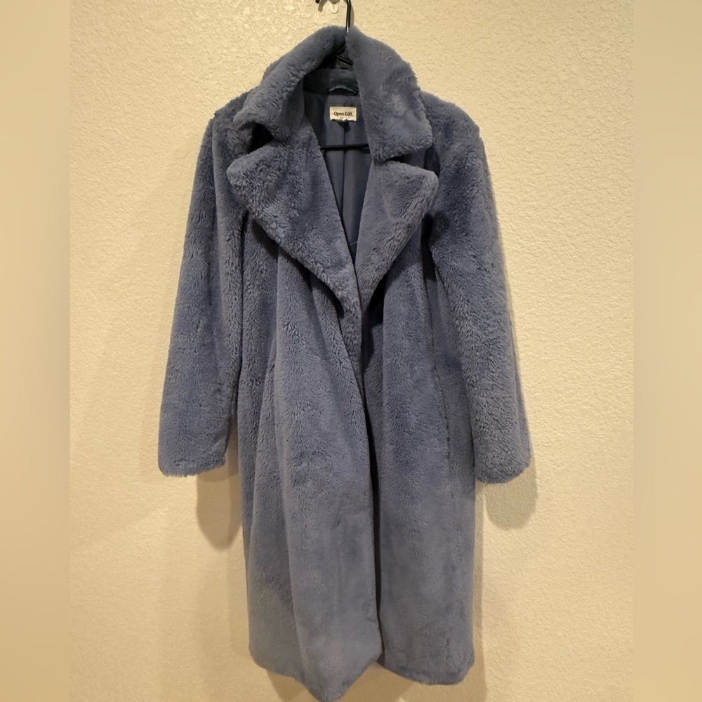 Open Edit Faux Fur Coat Dusty Blue Small